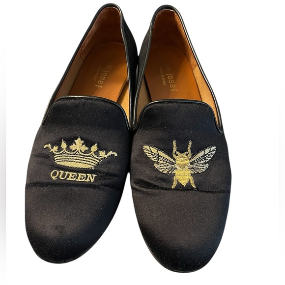 Jon Josef Gatsby Queen Bee Elegant Black Satin Loafers with Gold Stitch Academia - Picture 5 of 10